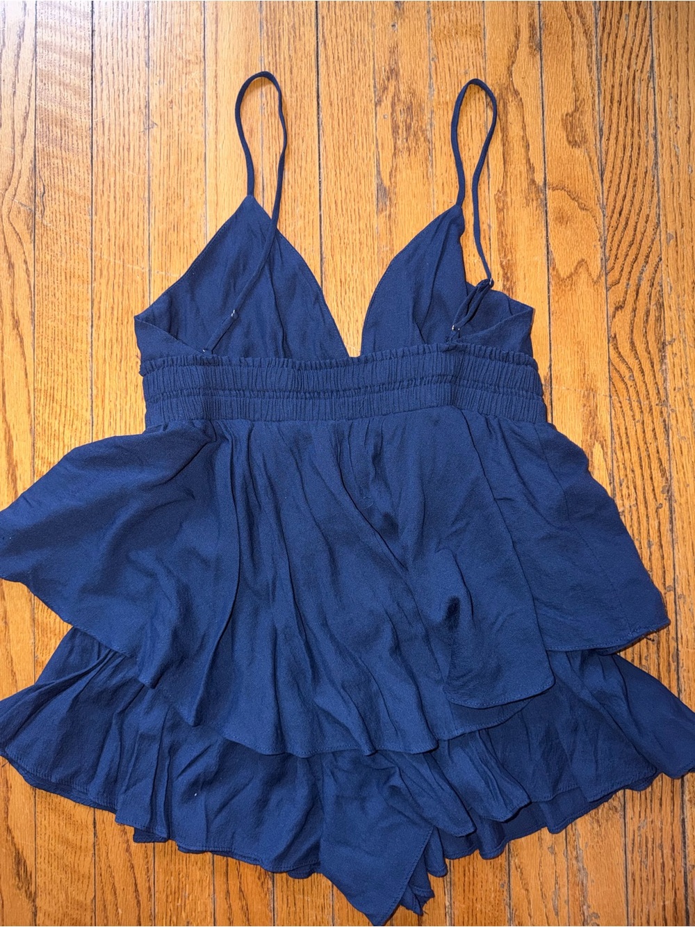 Navy Blue Tiered Romper with Spaghetti Straps - Size M